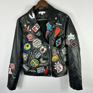 Hot & Delicious Black Faux Leather Moto Biker Jacket Medium Patches Punk Edgy